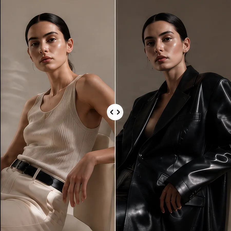 Portrait footage restyled with a black leather wardrobe